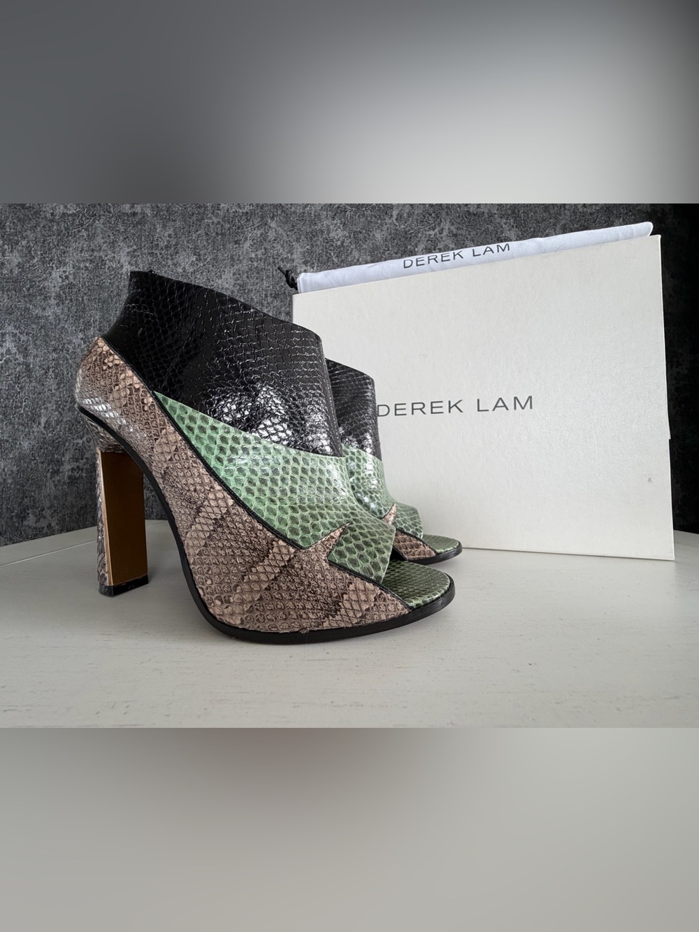 Derek Lam Black, Green & Taupe Snakeskin Peep-Toe High Heel Booties